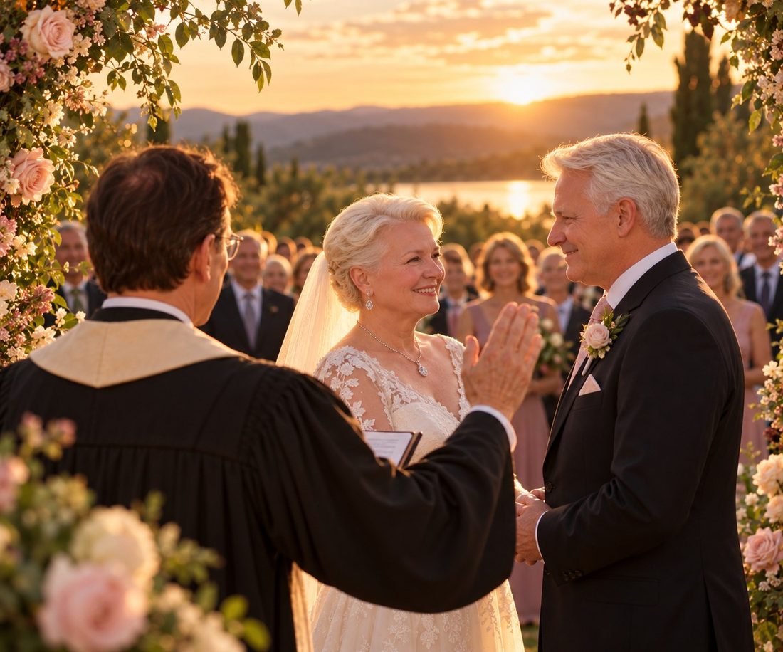 An officiant raises a hand in blessing over an older bride and groom at an outdoor wedding at sunset