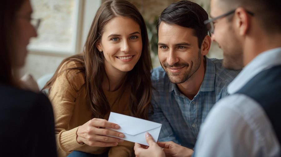 A couple receiving a family contribution toward the wedding in an envelope