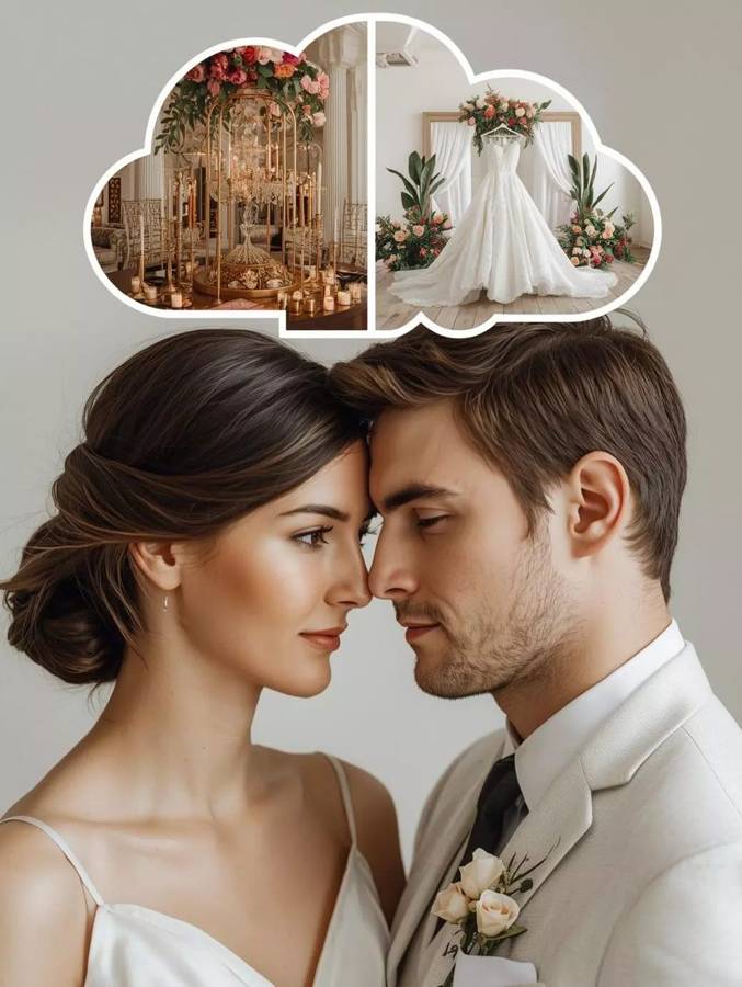 A couple dreaming about their wedding, imagining the venue and the dress