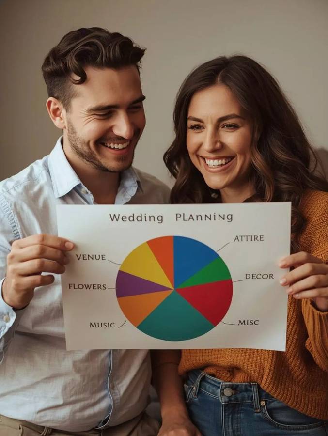 A couple holding a pie chart that divides their wedding budget into categories