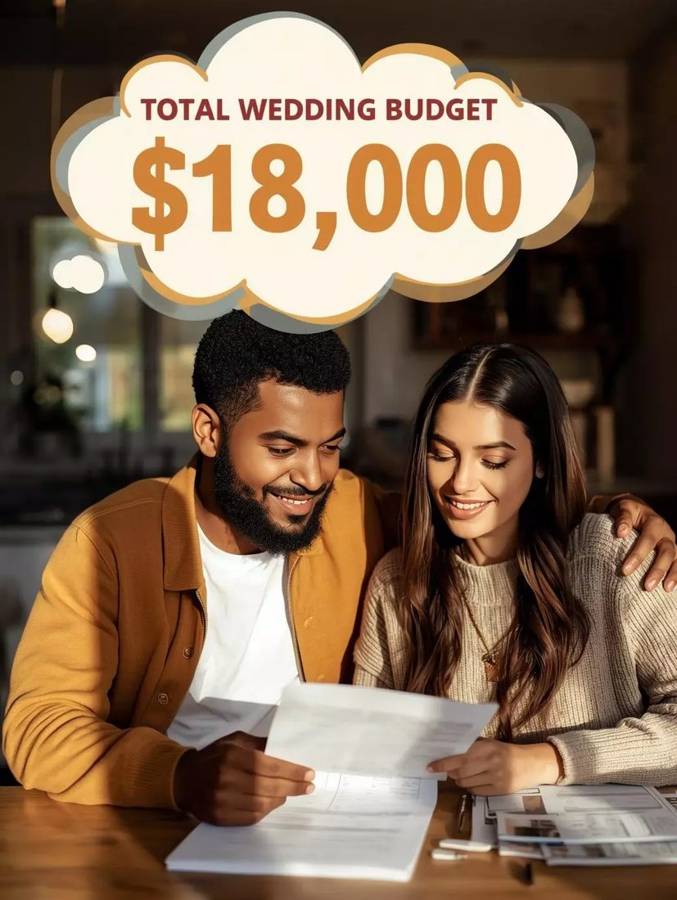 A couple at home reviewing paperwork to set their total wedding budget