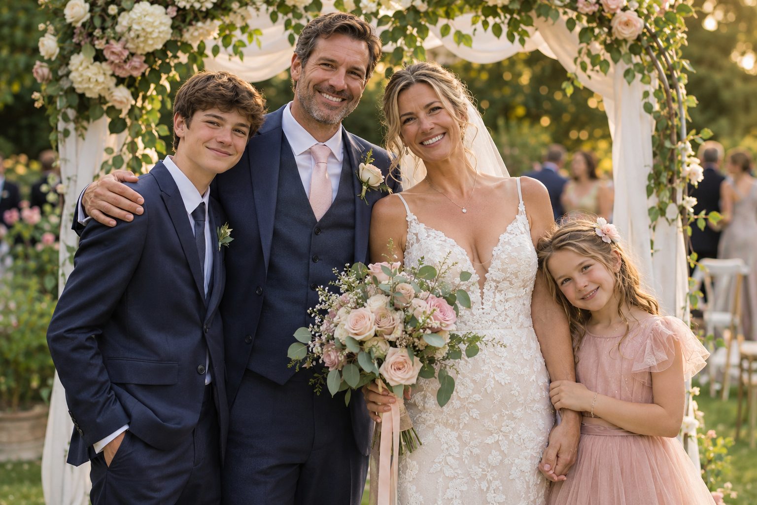 A bride and groom at an outdoor ceremony with their children, a teenage boy and a young girl, standing beside them under a floral arch