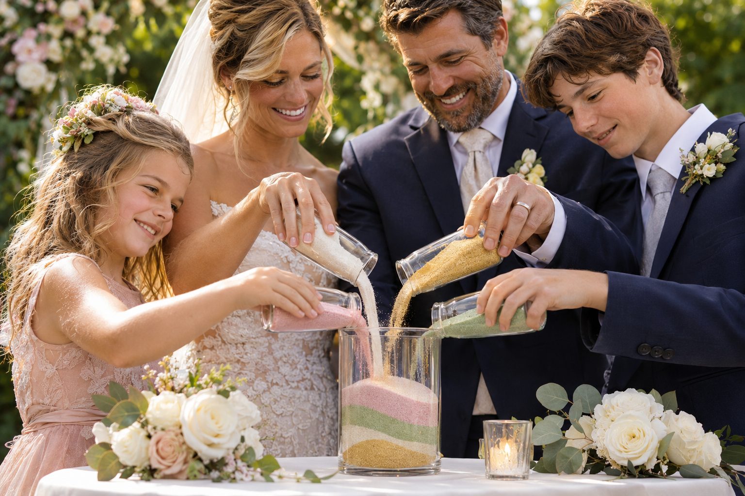 A couple and their two children pouring colored sand together into one glass vase at their wedding