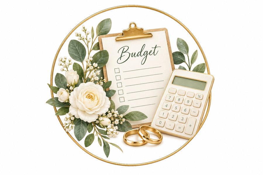 A clipboard labeled Budget with a calculator, wedding rings and white roses