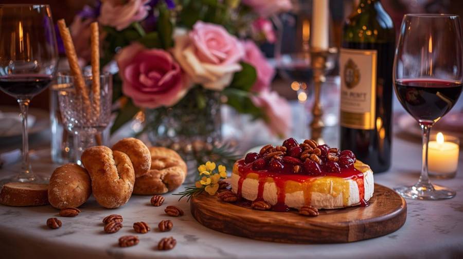 A wheel of brie topped with cranberry sauce and pecans on a wooden board beside bread and red wine