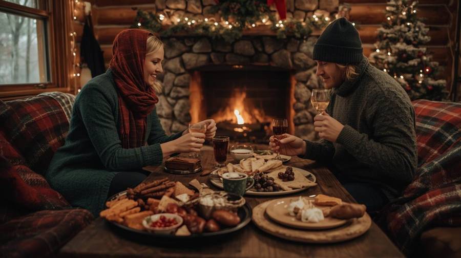 A couple sharing drinks and snacks by a stone fireplace in a log cabin decorated for Christmas