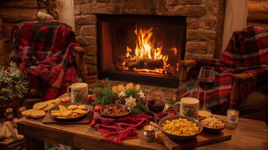 A coffee table by a stone fireplace set with crackers, warm drinks and wine, with plaid blankets draped over the chairs