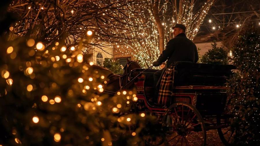 A horse-drawn carriage and driver among trees and bushes covered in thousands of tiny white lights at night