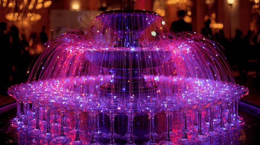 A tiered fountain of cascading fiber optic lights over rows of champagne glasses in pink and purple