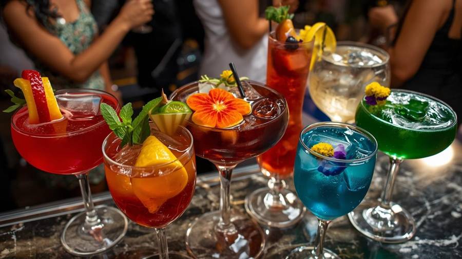 A row of colorful garnished cocktails on a marble bar
