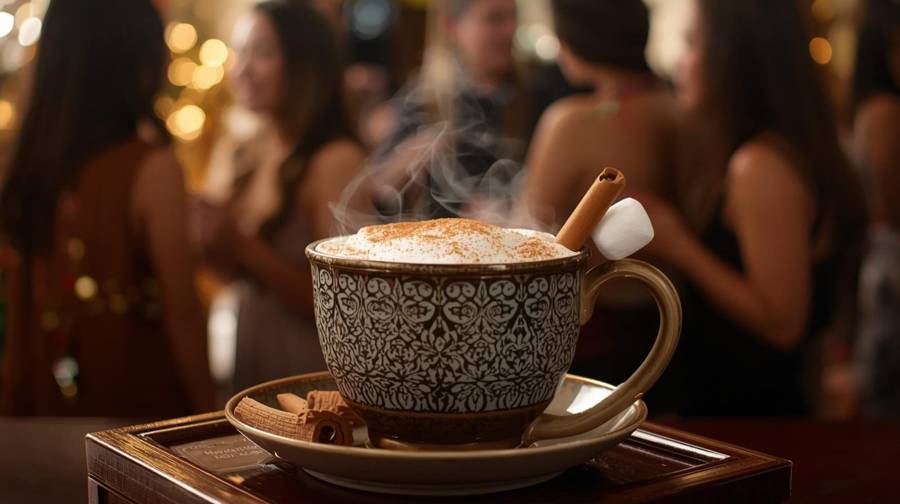 A steaming patterned cup of cocoa topped with cream, cinnamon, a cinnamon stick and a marshmallow