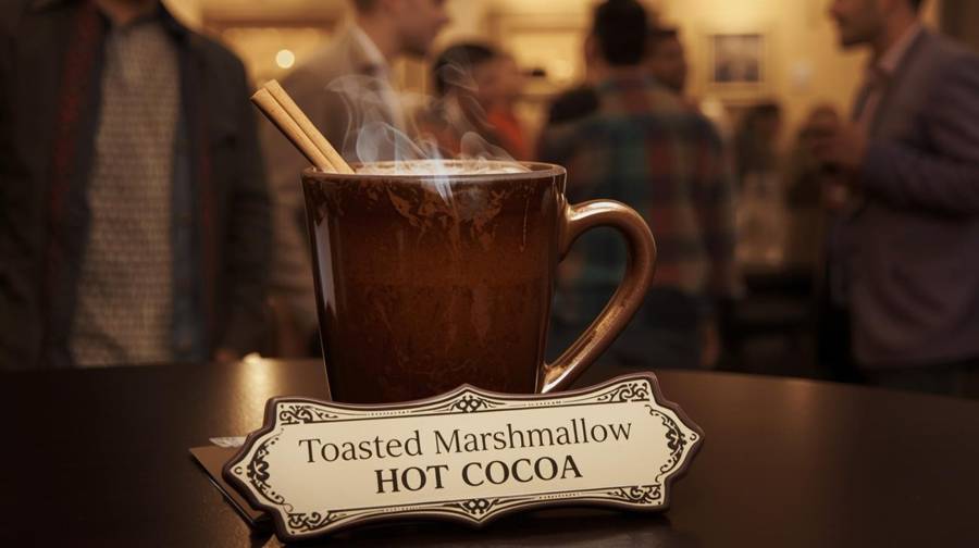 A steaming mug of hot cocoa with a cinnamon stick and a card reading Toasted Marshmallow Hot Cocoa