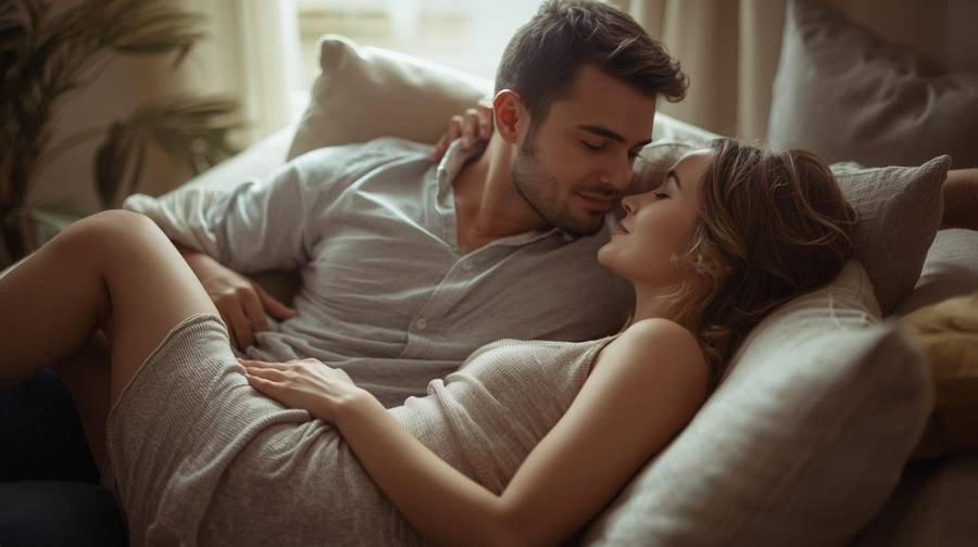 A couple relaxing together on a cushioned sofa in soft window light