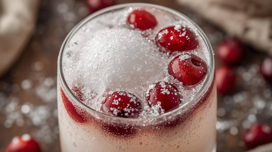 A sparkling drink topped with frosty sugar crystals and fresh cranberries
