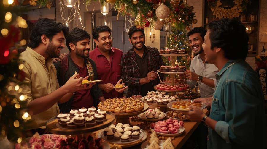 Friends laughing around a holiday dessert table of cupcakes, pastries and sweets beside a lit Christmas tree
