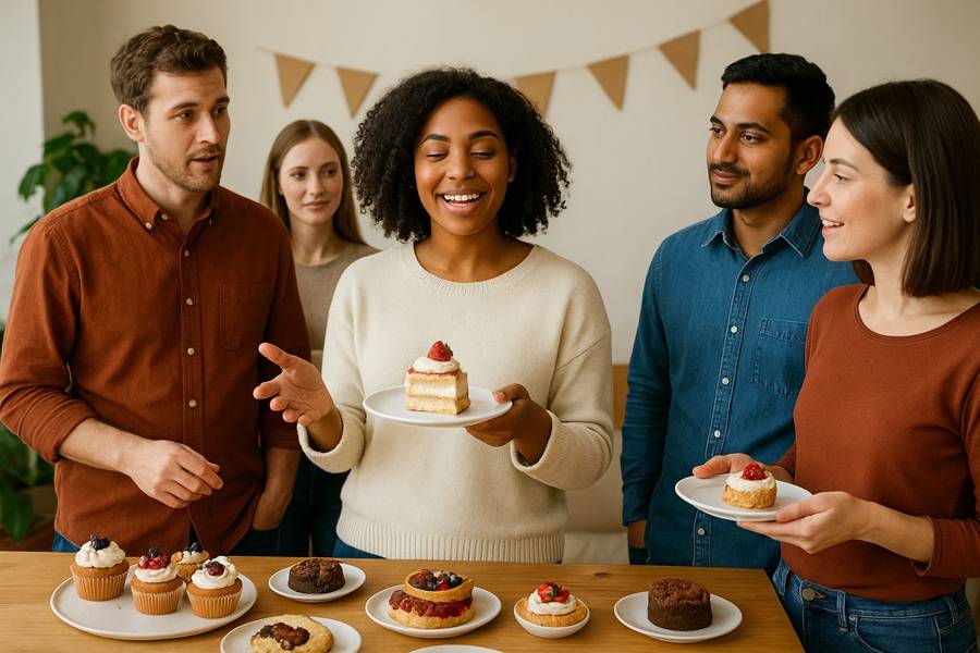 A guest describing her dessert to friends gathered around a table of cupcakes and pastries