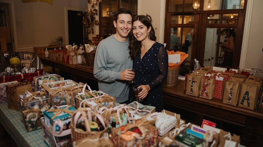 A smiling couple with drinks standing behind tables of wrapped gifts and paper gift bags