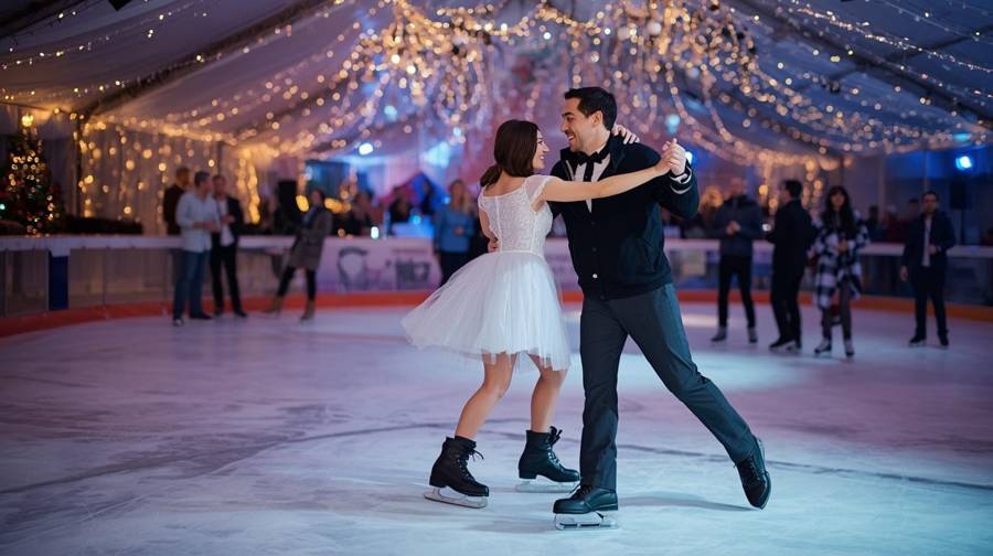 A couple dancing on the ice under a tent hung with twinkling lights as guests look on