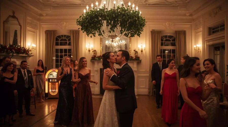 A couple kissing in an elegant ballroom beneath a crystal chandelier wrapped in greenery, with guests looking on
