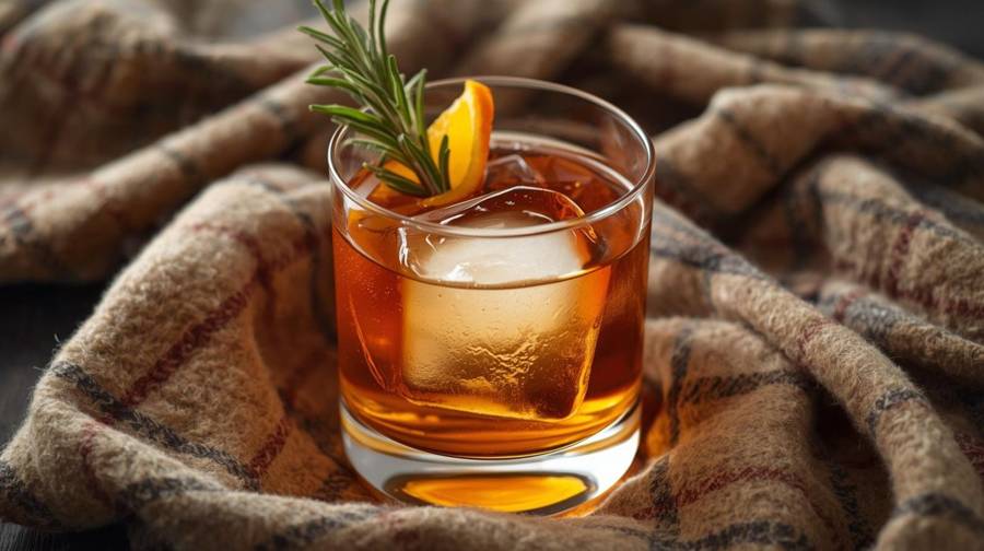 An old fashioned with a rosemary sprig and orange peel resting on a tan plaid blanket
