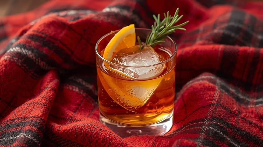 An old fashioned with an orange slice and rosemary on a red plaid blanket