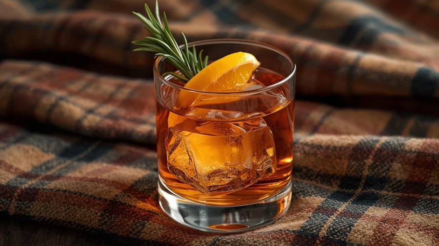 An old fashioned over a large ice cube with orange and rosemary on a warm plaid blanket