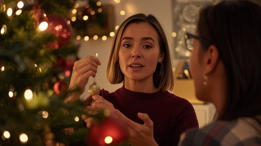 A woman holding a gold ornament beside a lit Christmas tree, telling a friend why she chose it