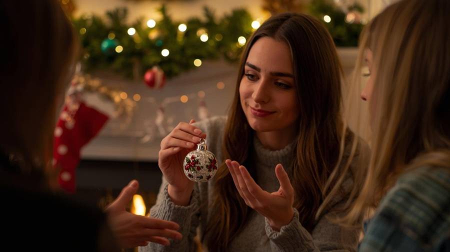 Three friends sharing a hand-painted holly ornament in front of a mantel with garland and lights