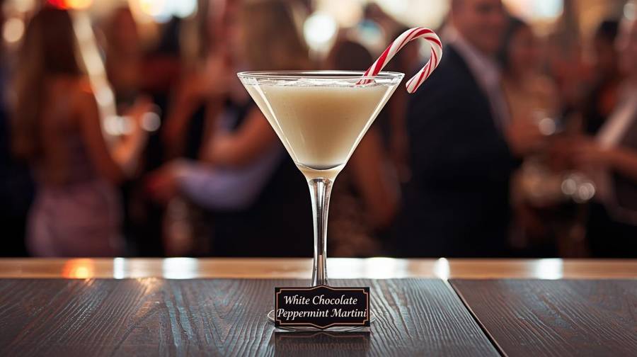 A creamy white martini with a candy cane garnish and a name card, in front of party guests