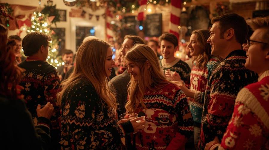 A lively room full of guests in colorful Christmas sweaters, laughing and chatting beside a lit tree