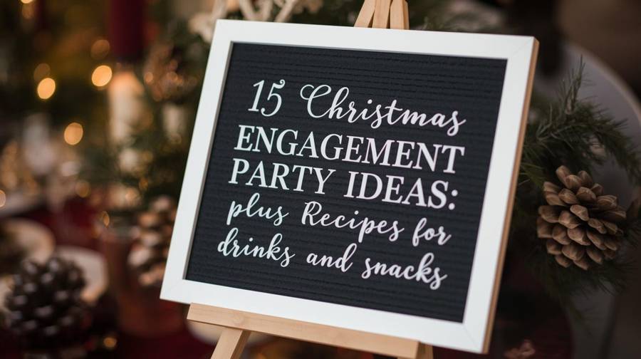 A chalkboard-style sign reading 15 Christmas Engagement Party Ideas plus recipes for drinks and snacks, beside pinecones and candlelight