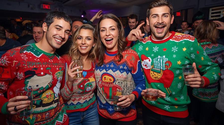 Four friends laughing in colorful Christmas sweaters at a lively party, drinks in hand