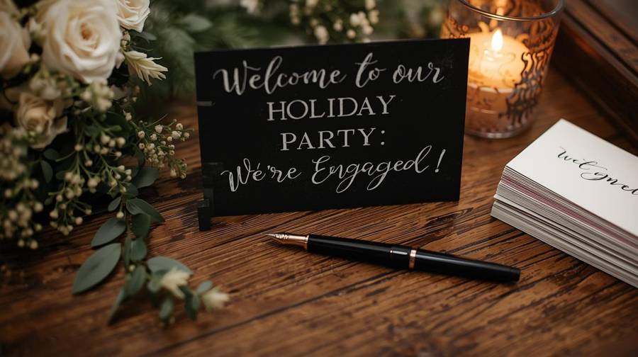 A welcome sign reading Welcome to our holiday party, We're engaged