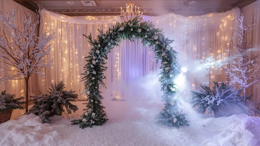 A garland-and-white-rose arch in a snowy winter wonderland setting with fairy-light curtains, snow-flocked trees and soft fog