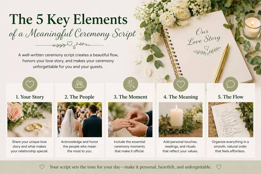 The 5 key elements of a meaningful ceremony script: your story, the people, the moment, the meaning and the flow