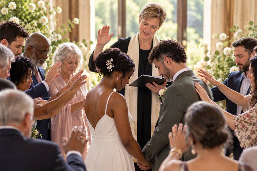 An officiant giving a closing blessing to a couple during their wedding ceremony