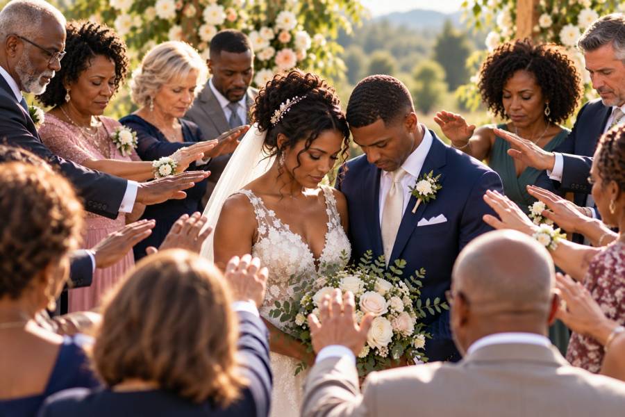 Family and friends extending their hands in blessing toward a couple during their wedding ceremony