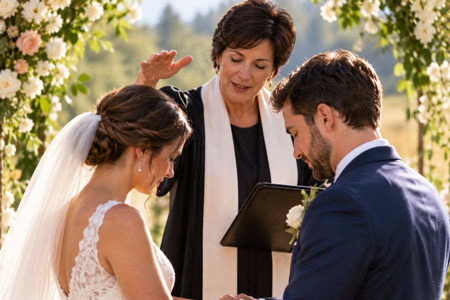 An officiant offering a closing blessing over a couple