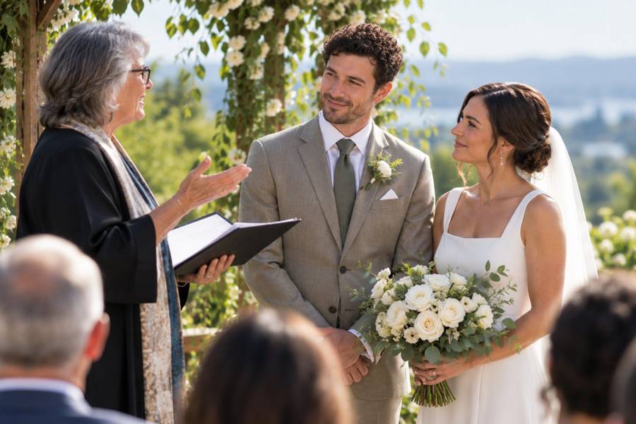 An officiant speaking to a couple during an outdoor wedding pronouncement