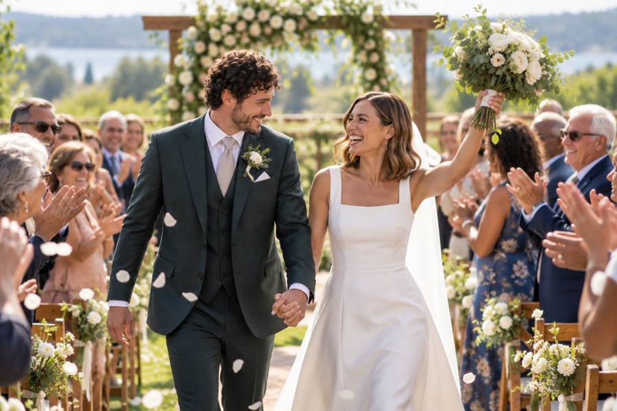 A newly married couple walking up the aisle as family and friends celebrate after the closing blessing