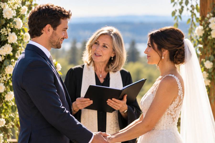 A female officiant leading a couple through the Declaration of Intent during their wedding ceremony