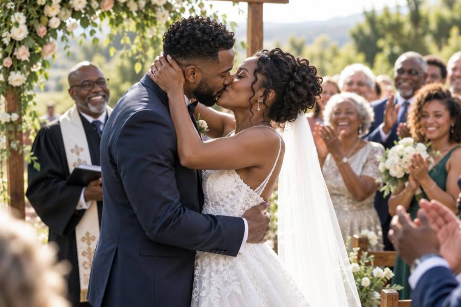 A newly married couple kissing as family and friends celebrate after the pronouncement