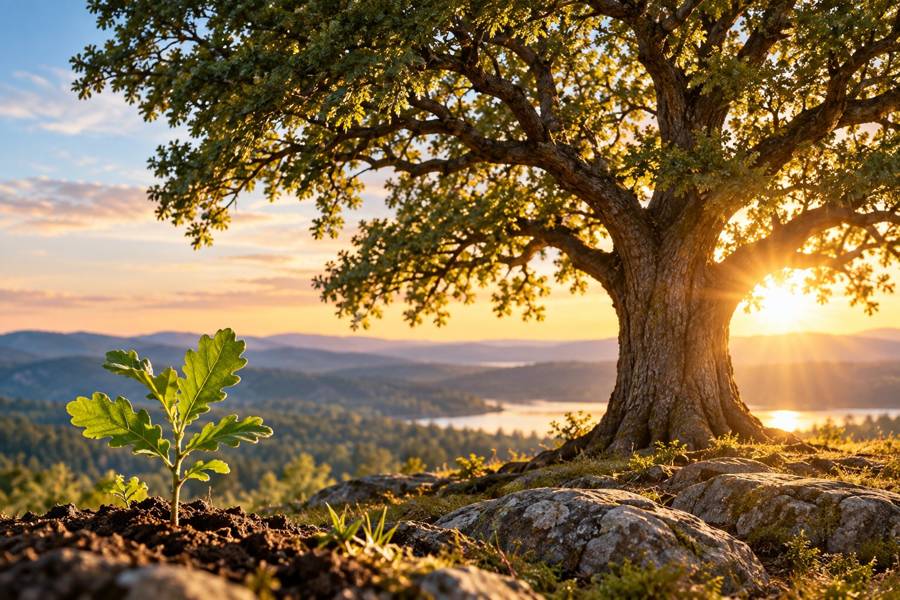A young oak growing beside a mature oak, symbolizing wedding vows growing stronger over time