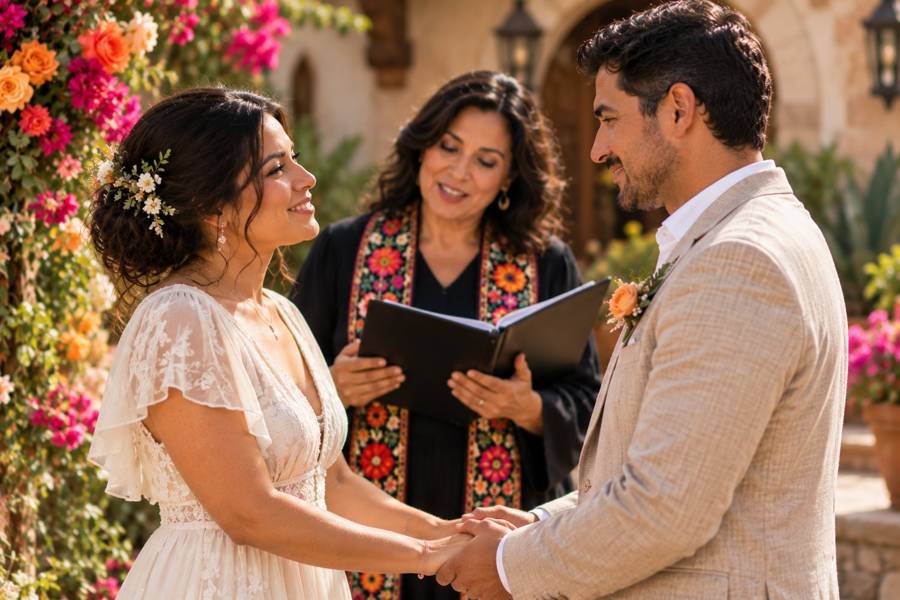 A couple holding hands during the Declaration of Intent at their wedding ceremony