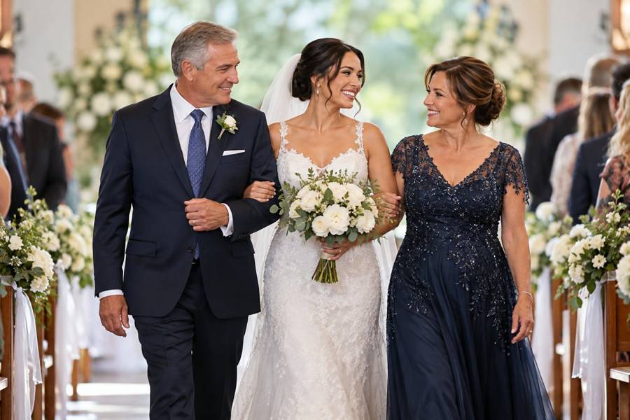 A bride walking down the aisle with both parents at her wedding ceremony