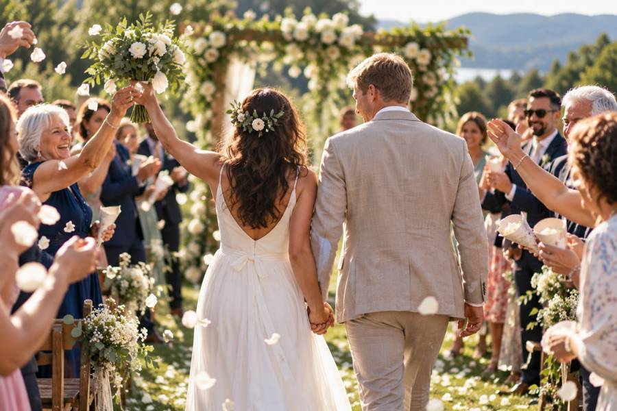 Wedding guests tossing flower petals as the newly married couple walks hand in hand down the aisle