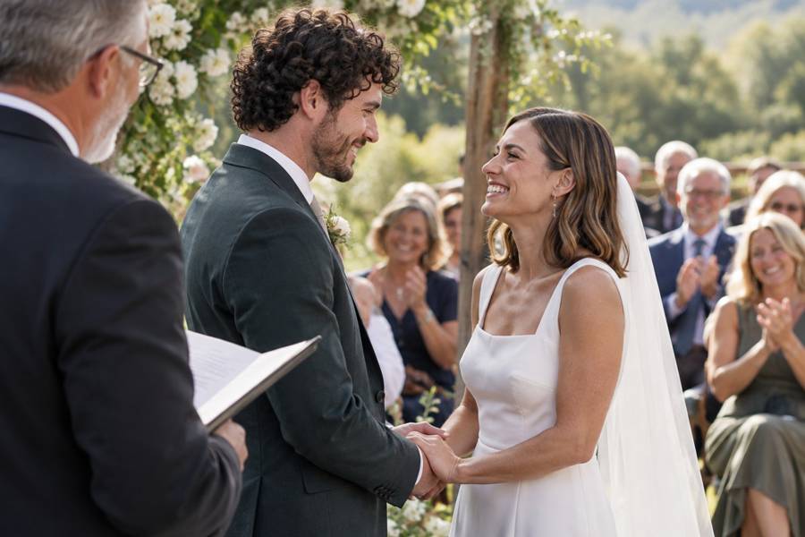 A bride and groom holding hands and smiling as they exchange their wedding vows