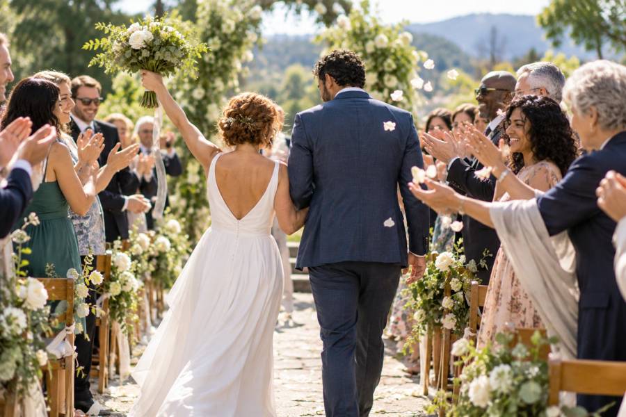 A newly married couple walking up the aisle as wedding guests applaud and celebrate