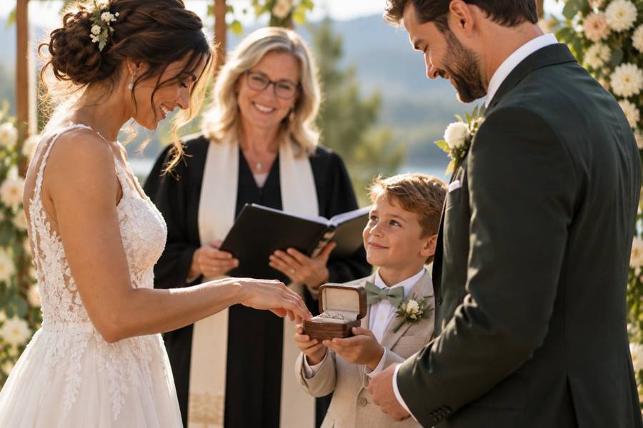 A boy holding the ring box as the bride and groom stand with the officiant