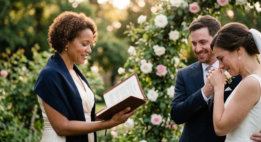 A wedding officiant reads to a couple as the bride wipes away a happy tear